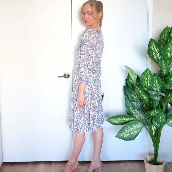 Leopard / Cheetah Print 100 % Asymmetric Knee Length 3/4 Sleeve Cotton Dress S - Picture 2 of 16